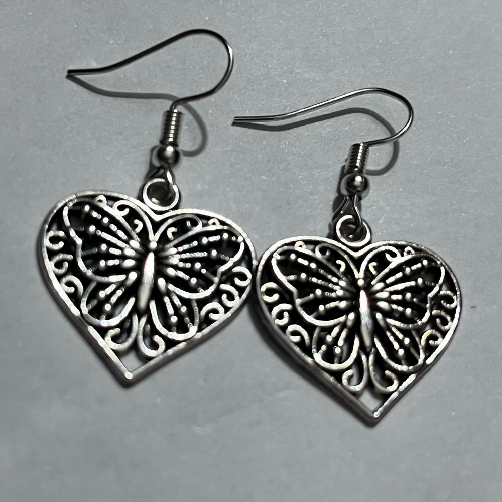 Silver tone Butterfly Heart Earrings
